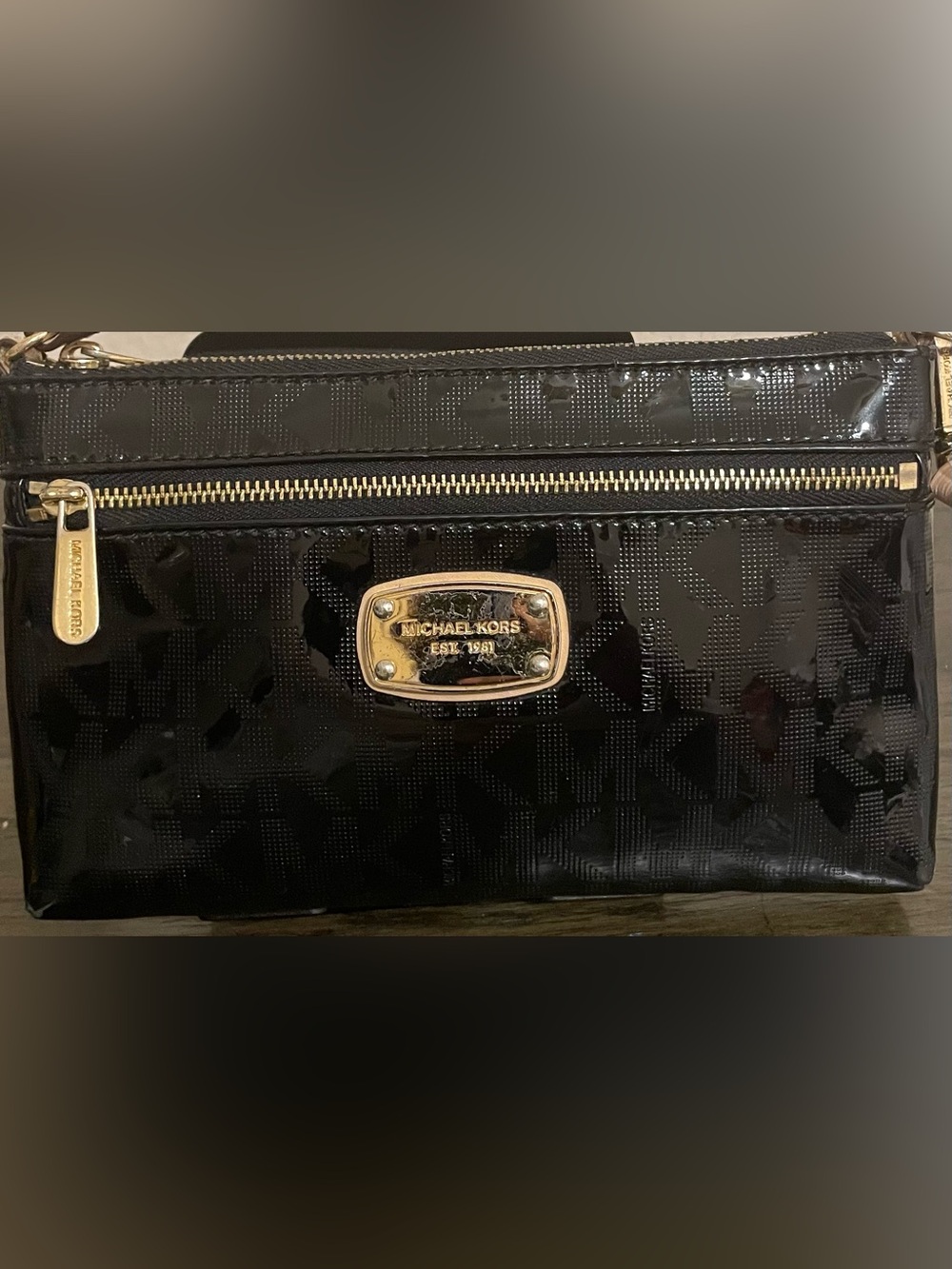 Michael Kors Black Patent Logo Crossbody with Gold Plaque